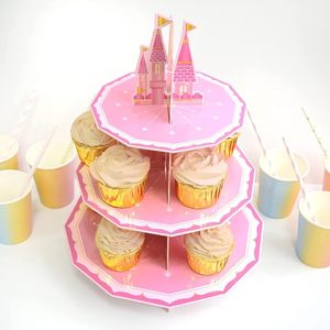 DAMAI - Soporte de 3 Niveles para Cupcakes, Decoración para Fiestas de Princesas, Soporte para Pasteles con Diseño de Castillo Rosa, Decoración para Mesa de Cumpleaños - Product Image 1