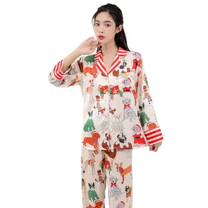 Christmas-themed women silk pajamas Fall long sleeve pants sleepwear lapel cartoon print satin home wear for women night suit