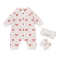 Mimixiong Oeko Tex Combinaison en coton à motif cœur pour nouveau-né, tenue de sortie de maternité, chaussons à nœud pour bébés filles, ensemble de 3 pièces