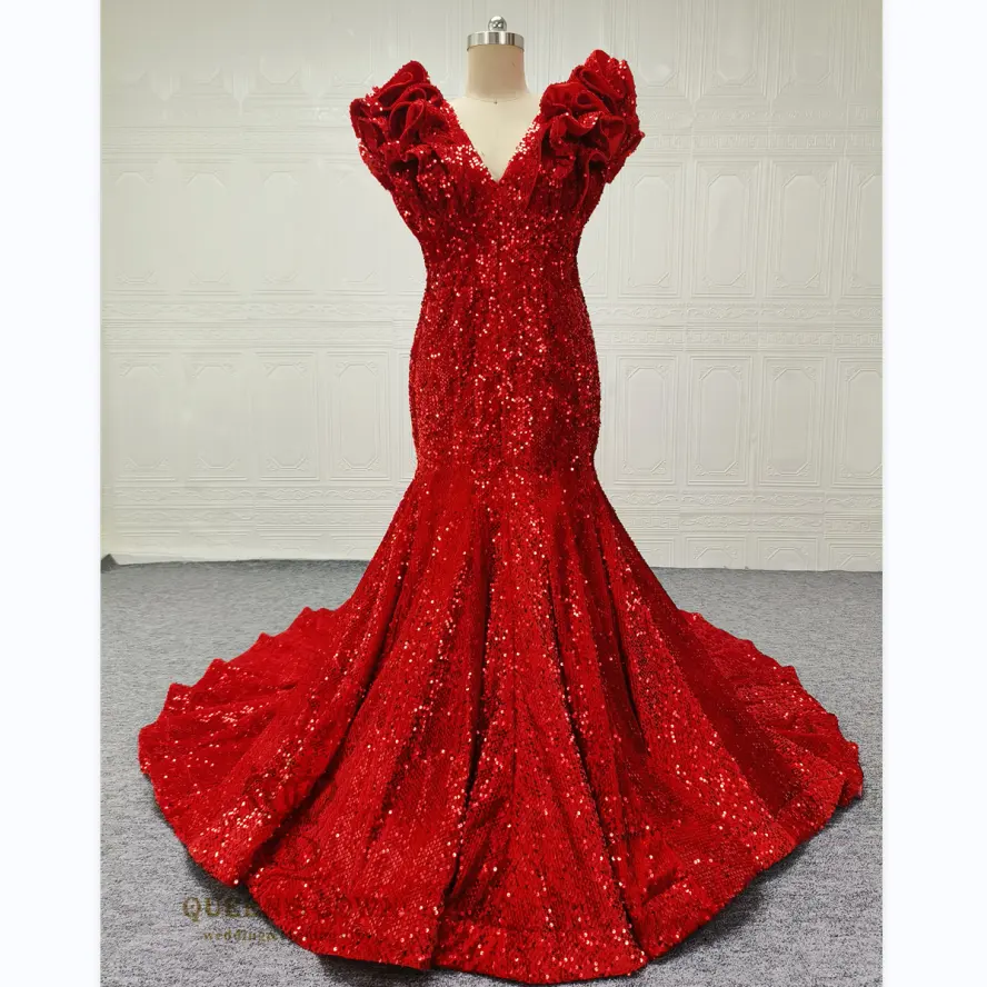 QUEENS GOWN red sequins velvet mermaid ruffles sleeveless v neck evening gown prom dress