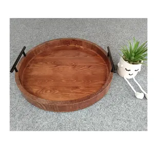 Rustic Round Wood Coffee Table Tray Round Shape Wooden Serving Tray with Metal Handle
