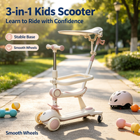Trottinette multifonctionnelle 3-en-1 pour enfants avec poignée de poussée, pare-soleil, base stable, roues lisses, matériau écologique, trottinette d'extérieur pour tout-petits