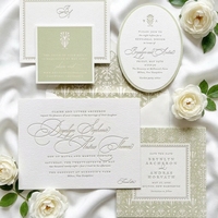 Suite d'invitations de mariage de luxe en papier de coton texturé, vert sauge et blanc, avec impression typographique botanique, incluant carte de rappel de date et RSVP, impression personnalisée