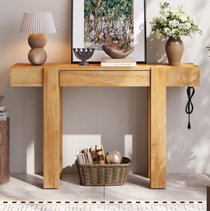 Modern Solid Oak Wood Console <b>Table</b> Hidden Drawer <b>Side</b> Power Outlet Eco-Friendly Durable Entryway Furniture for Home Entryways - Product Image 1