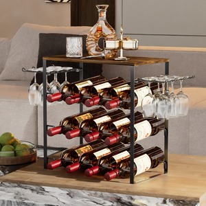 Estante para vinos <span class=keywords><strong>de</strong></span> metal negro <span class=keywords><strong>de</strong></span> 3 niveles para 12 botellas, con ganchos, moderno, pequeño, <span class=keywords><strong>de</strong></span> sobremesa, para gabinete o despensa. - Product Image 1