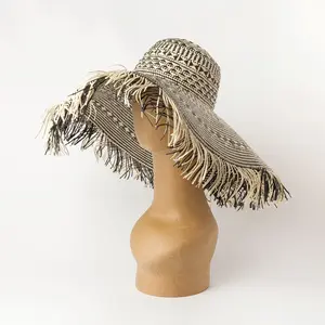 Chapeau de paille à grand bord en forme de dôme pour femmes, design personnalisé noir et blanc, chapeau de soleil à bord brut de haute qualité