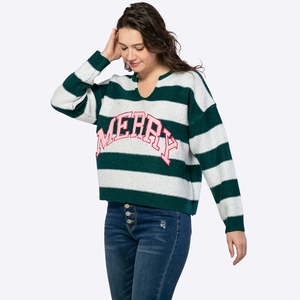 Maglione Natalizio Personalizzato da <span class=keywords><strong>Donna</strong></span> con Strisce Glitterate, Scollo a V, Spalle Scivolate, Vestibilità Ampia e Patch con Lettere - Produttore - Product Image 4