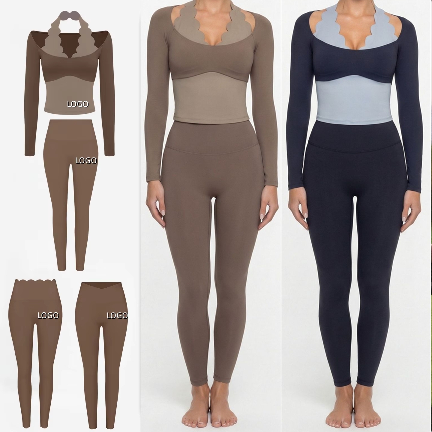 Sportswear 2pcs Halter Bra Long Sleeve Flowers Edge Fitness Top Workout Clothes Pilates Yoga Suit for Women