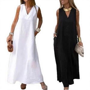 Women's <b>Loose</b> V-neck Sleeveless Maxi <b>Dress</b> Solid Color Linen Casual Summer <b>Dress</b> With Pockets Breathable Woven Fabric - Product Image 3