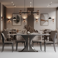 Ensemble de table à manger en pierre frittée italienne grise, luxe moderne, acier inoxydable doré, réglable, 6 places, rectangulaire, appartement