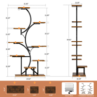Support de plantes LED en forme de S à 9 niveaux avec éclairage de culture, étagère haute en bois et métal pour 14 pots de fougères suspendues, idéal pour salon et commode