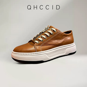 Baskets Chunky en Cuir Véritable pour Hommes, Semelle Épaisse, Fermeture Éclair, Coupe Basse, Talon Moyen, Chaussures Décontractées Quotidiennes, Style Rétro, Marron - Product Image 2