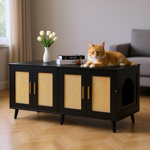 Meuble litière pour chat en bois noir, 47,2 pouces, avec enclos dissimulé et panneaux en rotin - Product Image 2