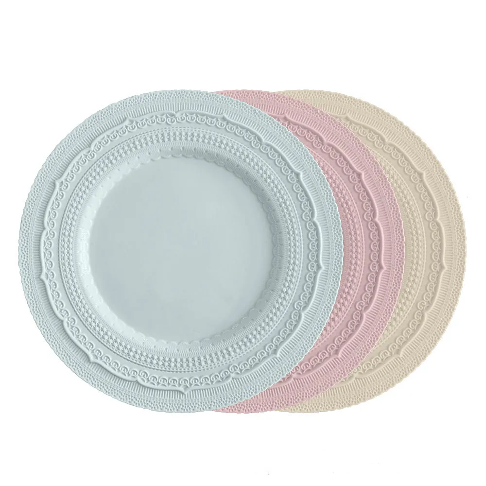Assiette de porcelaine en relief de poterie de 13 pouces au Design Unique, vaisselle Vintage en céramique, assiettes de dîner de mariage, assiettes de chargeur en dentelle rose