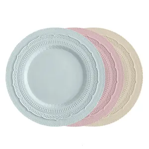 Plato de porcelana con relieve de cerámica, vajilla de cerámica Vintage de 13 pulgadas, platos de cena con cargador de encaje rosa para boda