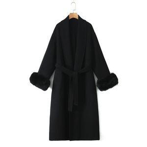 Manteau long en laine double face pour femme Runqi avec poignets en fourrure de renard, ceinture, manches longues, coupe 3D, grande taille, luxe haut de gamme - Product Image 1