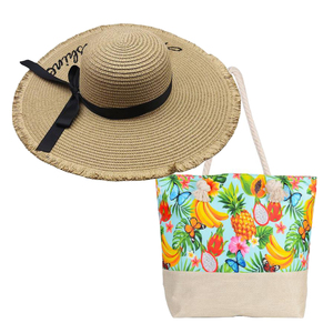 Ensemble chapeau de paille et sac de plage pour femmes avec logo personnalisé, idéal pour les vacances d'été à la plage, avec un grand chapeau de soleil à large bord - Product Image 1