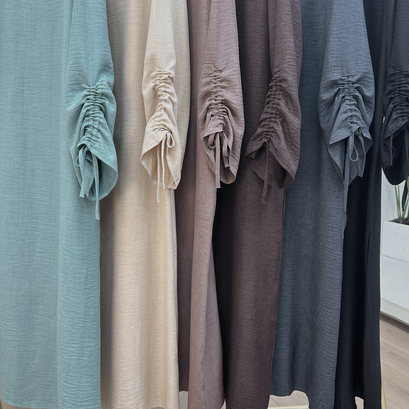 knee length dresses for ladies MH37 Ruched Long Sleeve Crepe Linen Slip Dress with Tie Shirring – Modest Occasion Wear