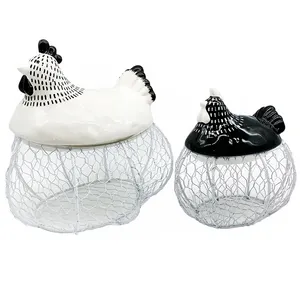 بيت مزرعة سيراميك أبيض وأسود للدجاج سمين/ديك/دجاجة تمثال مع أطباق بيض/وعاء/حاويات بغطاء - Product Image 1