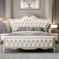 Kunstleder-Kingsize-Bettgestell mit Gepolstertem Kopfteil Massivholz-Eichenstruktur Weiches Bett Amerikanisches Design Schlafzimmermöbel Verstellbar