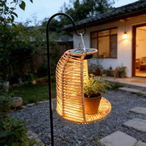 Lanterne suspendue en rotin semi-ouverte avec crochet de berger noir, panier tressé imperméable pour extérieur, éclairage de jardin - Product Image 4