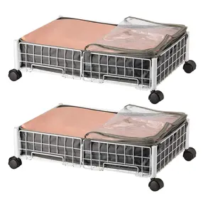 Lipat logam di bawah tempat tidur wadah penyimpanan sepatu pakaian selimut Organizer di bawah tempat tidur penyimpanan roda