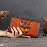 Dompet Fashion Portabel Mewah Unisex Kulit Asli Motif Hewan Desain Kucing Penutup Ritsleting Tempat Kartu Multi-Slot