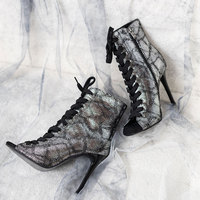 Chaussures de danse jazz sexy à talons hauts et bout ouvert pour femme, avec lacets et fermeture éclair latérale, style bouche de poisson