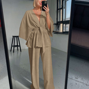 Роскошный модный вельветовый пижамный комплект с <span class=keywords><strong>V</strong></span>-образным вырезом, мягкий, с индивидуальным логотипом, длинный, из 2 предметов, на заказ, для женщин - Product Image 4