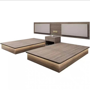 Factory Direct Cheap Wooden Hotel <b>Platform</b> Twin <b>Bed</b> <b>Frame</b> with Integrated Headboard and Side Tables for 3 Star Hotel Project - Product Image 6