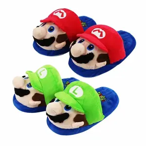 Animasi kartun Super Mario sepatu musim dingin hijau Mario Bros sandal katun mewah Mario Anime Pasangan sandal dalam ruangan musim dingin