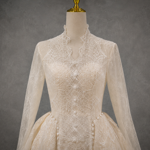 Vestido de Novia Modesto Tipo Bola con Cuello Alto, Manga Larga, Basque, Sobrefalda Desmontable, Encaje, Tallas Grandes, Estilo Princesa, Fabricación Personalizada - Product Image 5