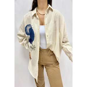 Camisa de lino con lazo para mujer, blusa informal beige con botones para el día a día - Product Image 2