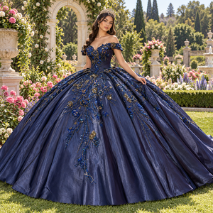 Vestido de Quinceañera de Lujo Dy1539 Azul Medianoche con Apliques de Plumas de Pavo Real, Corsé de Gasa y Cola Larga - Product Image 1