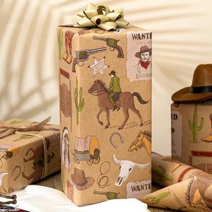 17 inch Kraft wrapping paper roll <b>old</b> western style gift wrapping paper featuring cowboys horses and wanted posters customizable - Product Image 2