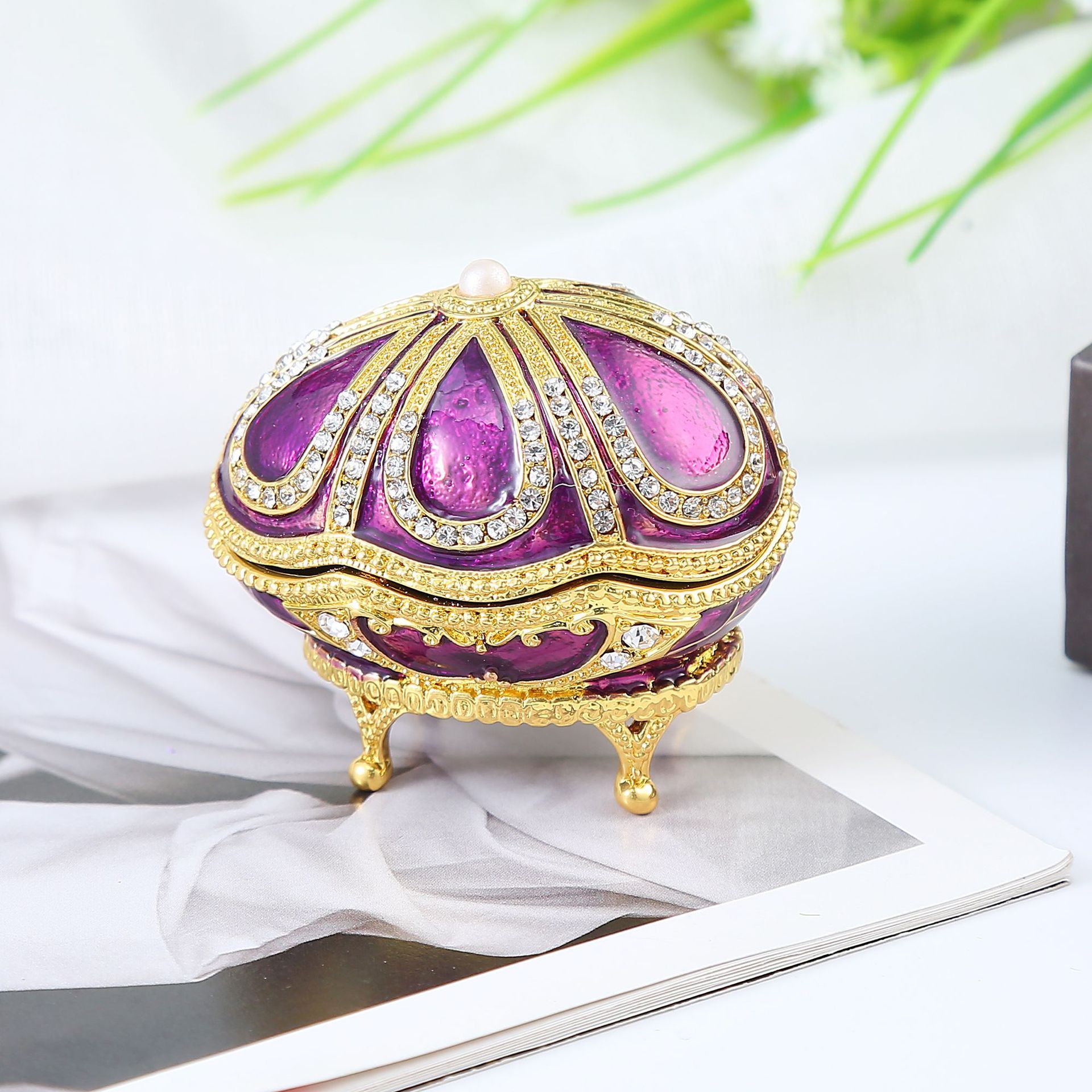 Hand-Painted Enamel Vintage Egg Jewelry Box - Faberge Style Trinket Organizer (Purple) - View #4