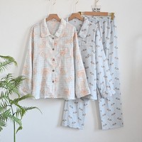Cardigan à col à revers pour femme en pur coton, double gaze, rayé, imprimé chiot, respirant, toutes saisons, manches longues