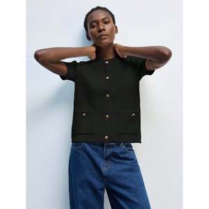<b>Women's</b> Navy Blue <b>Short</b> Sleeve Button Front Knit <b>Cardigan</b> with Pockets - Product Image 4