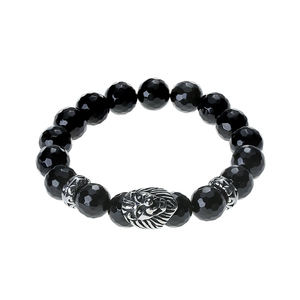 Nuovo Braccialetto Trendy con Perle di Cristallo Naturale Curativo e Gemme Preziose, Perle di Agata Nera Sfaccettate da 10 mm, Braccialetto con Ciondoli a Testa di Leone - Product Image 1