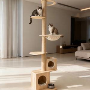 Uniek design luxe moderne opvouwbare grote houten klassieke kattenboom met krabpalen Kersteditie in doos verpakt - Product Image 3