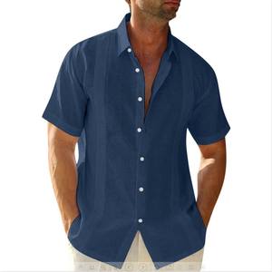 Camicia in Lino da Uomo per Primavera ed Estate, Design Cubano Shagua <span class=keywords><strong>Abella</strong></span>, Stile Casual con Colletto, 100% Cotone, Maniche Corte Bicolore - Product Image 6