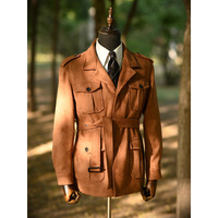 Veste de chasse décontractée pour homme, style rétro, multi-poches, en daim, avec ceinture, veste de safari en fausse peau de cerf