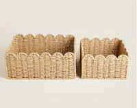 Panier de rangement en corde de papier décoratif à bord festonné rectangulaire, tissé à la main, pour le bureau, la salle de bain, les boîtes de rangement, le panier à fruits, l'organisateur