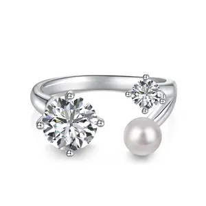 Dylam闪亮女性925纯银镀铑贝壳珍珠5A立方氧化锆开口可调精品时尚珠宝戒指