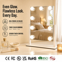 Miroir de maquillage éclairé en bois blanc avec lumières, 27 cm, angle réglable, 3 modes de couleur, variateur d'intensité, capteur tactile