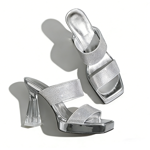 Sandalias de Plataforma con Tacón Grueso y Punta Cuadrada para Mujer, con Pedrería <span class=keywords><strong>Plateada</strong></span>, Elegantes y Versátiles, Diseño OEM de Fábrica - Product Image 2