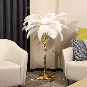 Modern White <b>Shade</b> Feather <b>Floor</b> <b>Lamp</b> Brass Base LED Soft Warm Light Contemporary Design Middle Size Residential Use Dimmable - Product Image 5