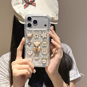 Cartoon Bear Love 3D Mobile Phone case for iPhone 17 Air 16 15 Pro Max Transparent Flower Cute DIY Beads Stars Bow back Cover - Product Image 3