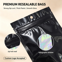 Sachet en Mylar holographique noir imprimé sur mesure avec fenêtre, mini pochette anti-odeur suspendue à fermeture éclair, emballage en plastique PET/PE