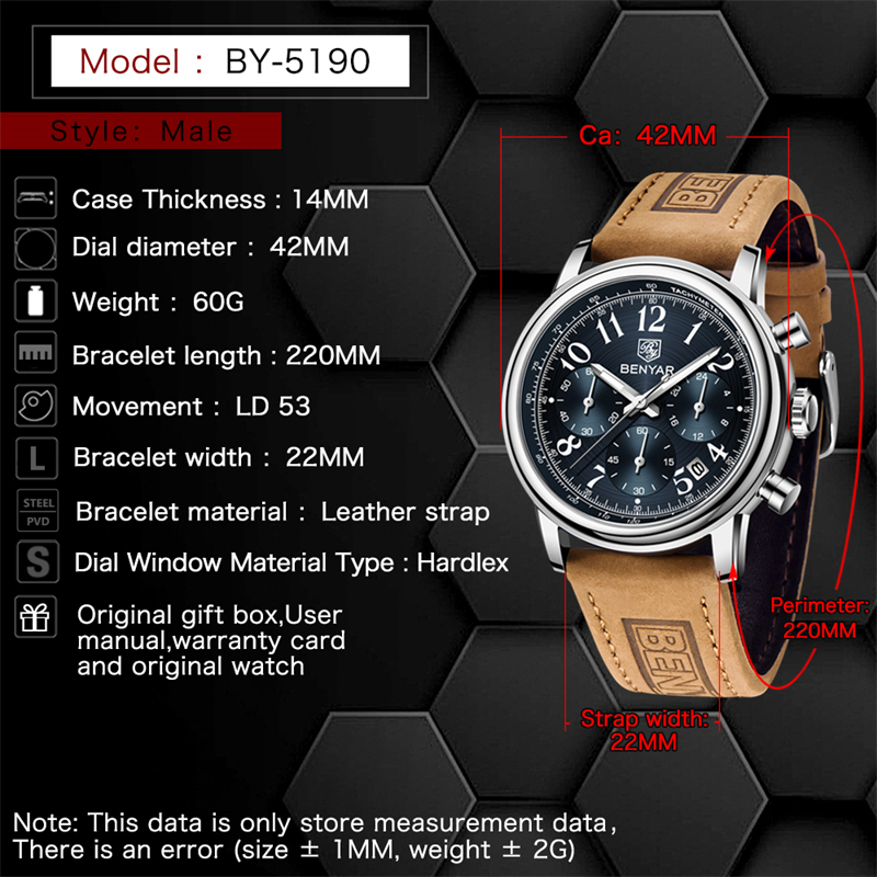 New BENYAR Top Brand Leather Men Quartz Wristwatches Waterproof Chronograph Men Sports Watch for Men Reloj hombre